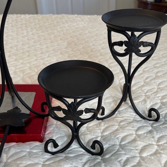 Longaberger Black Metal Candle Holder Trio and Matching Hook Maple Leaf Design - Picture 3 of 13